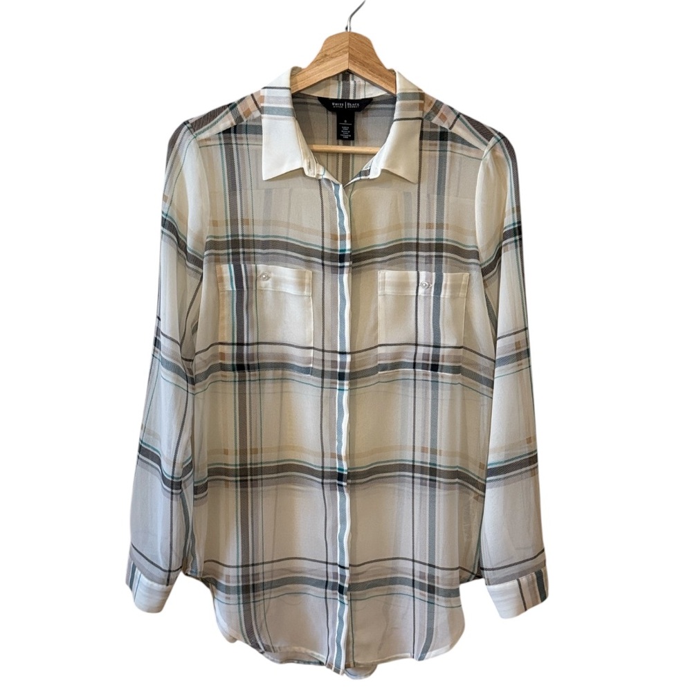 White House Black Market White Cream Sheer Plaid Button- Down Blouse Shirt